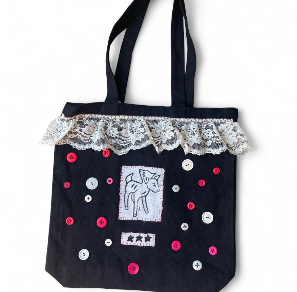double headed lamb red button L tote bag